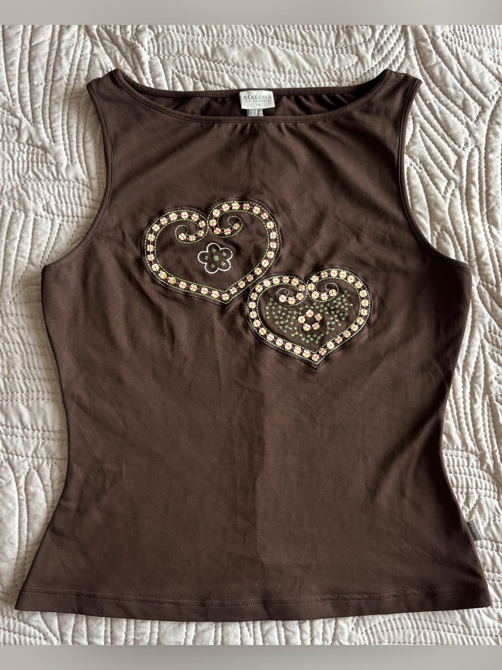 Malizia by La Perla Tank Top Brown Y2K Sequin Heart Lycra Vintage IT 44 US 8